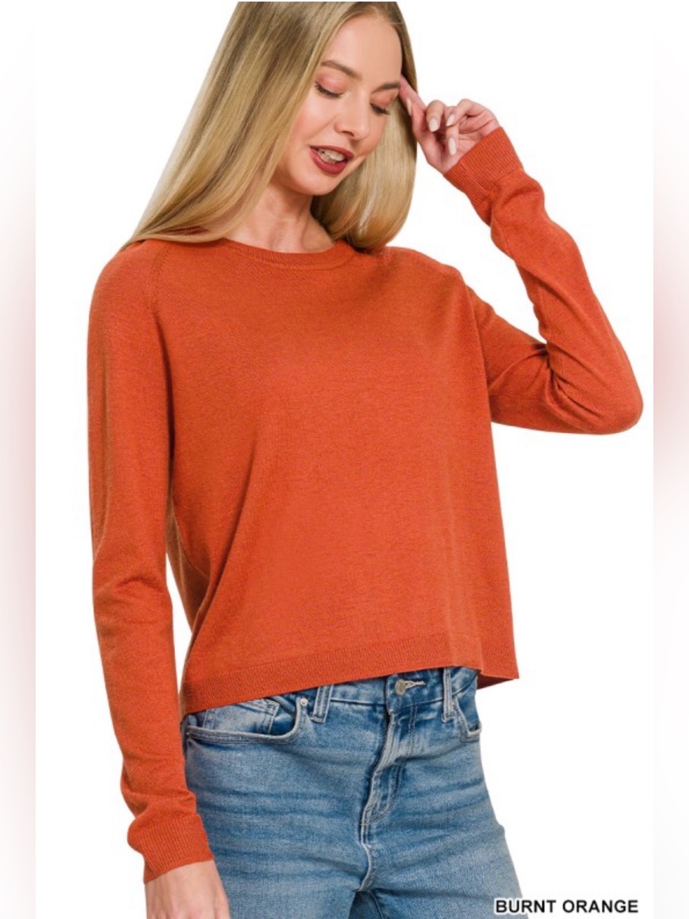Zenana Lightweight Wool Blend Crewneck Sweater| Burnt Orange